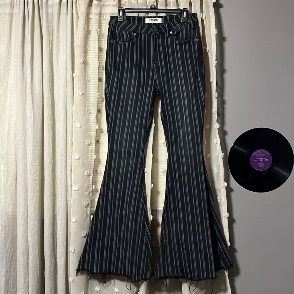 Black and gray striped rock and roll denim high rise bell bottoms